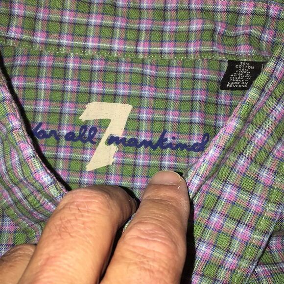Pink Green Plaid Linen Cotton Work Chest Shirt L - Picture 3 of 4